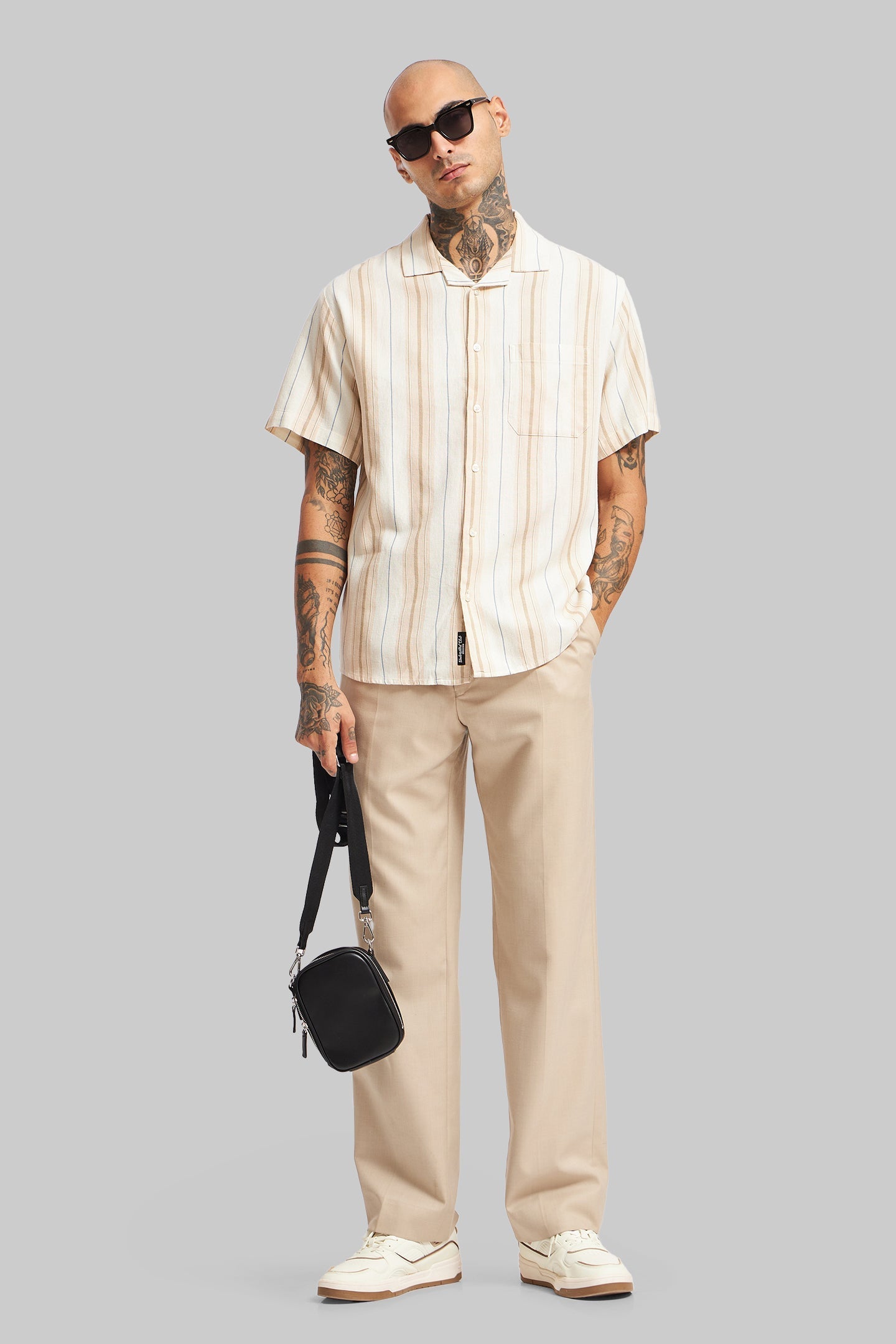 Beige Striped Textured Cuban Collar Shirt