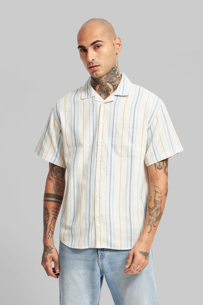 Blue Striped Textured Cuban Collar Shirt