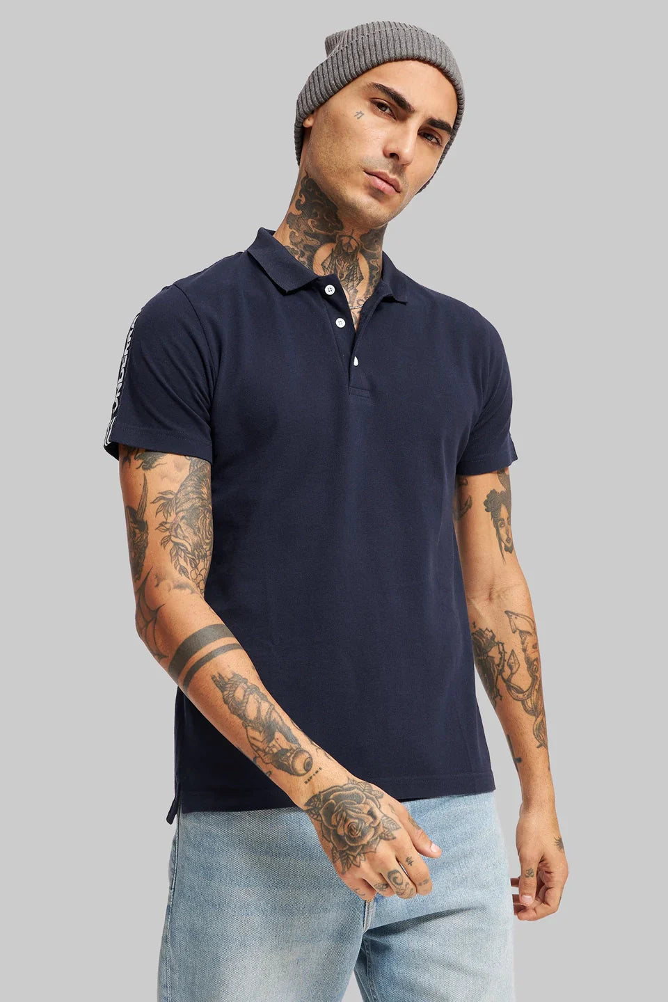 Pack of 2 Men's Polo T-shirt combo - Tapework White/ Navy