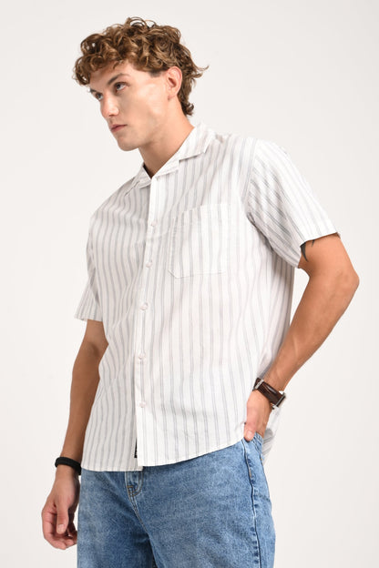 White Striped Cuban Collar Shirt