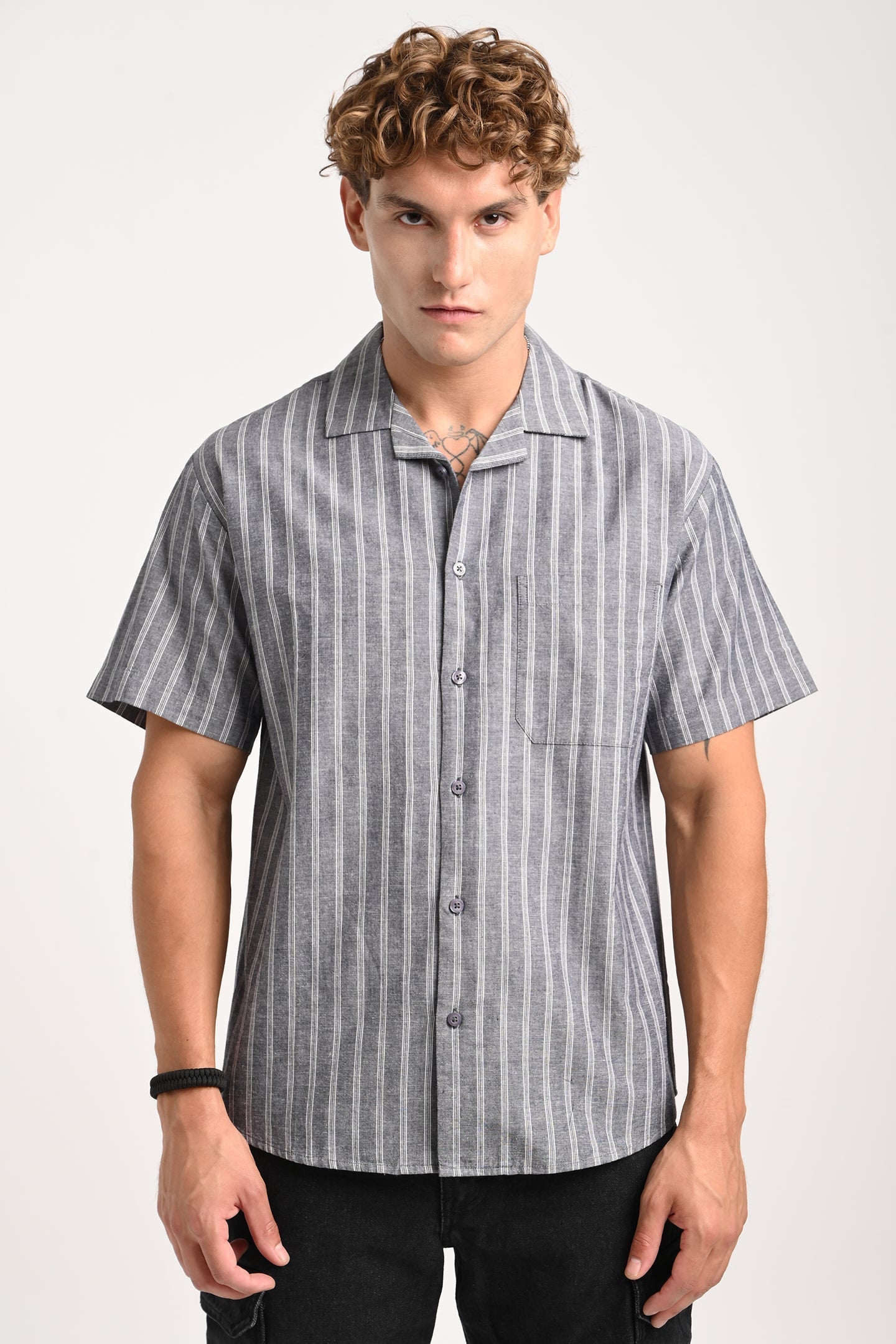 Grey Striped Cuban Collar Shirt