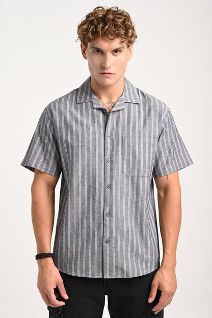 Grey Striped Cuban Collar Shirt