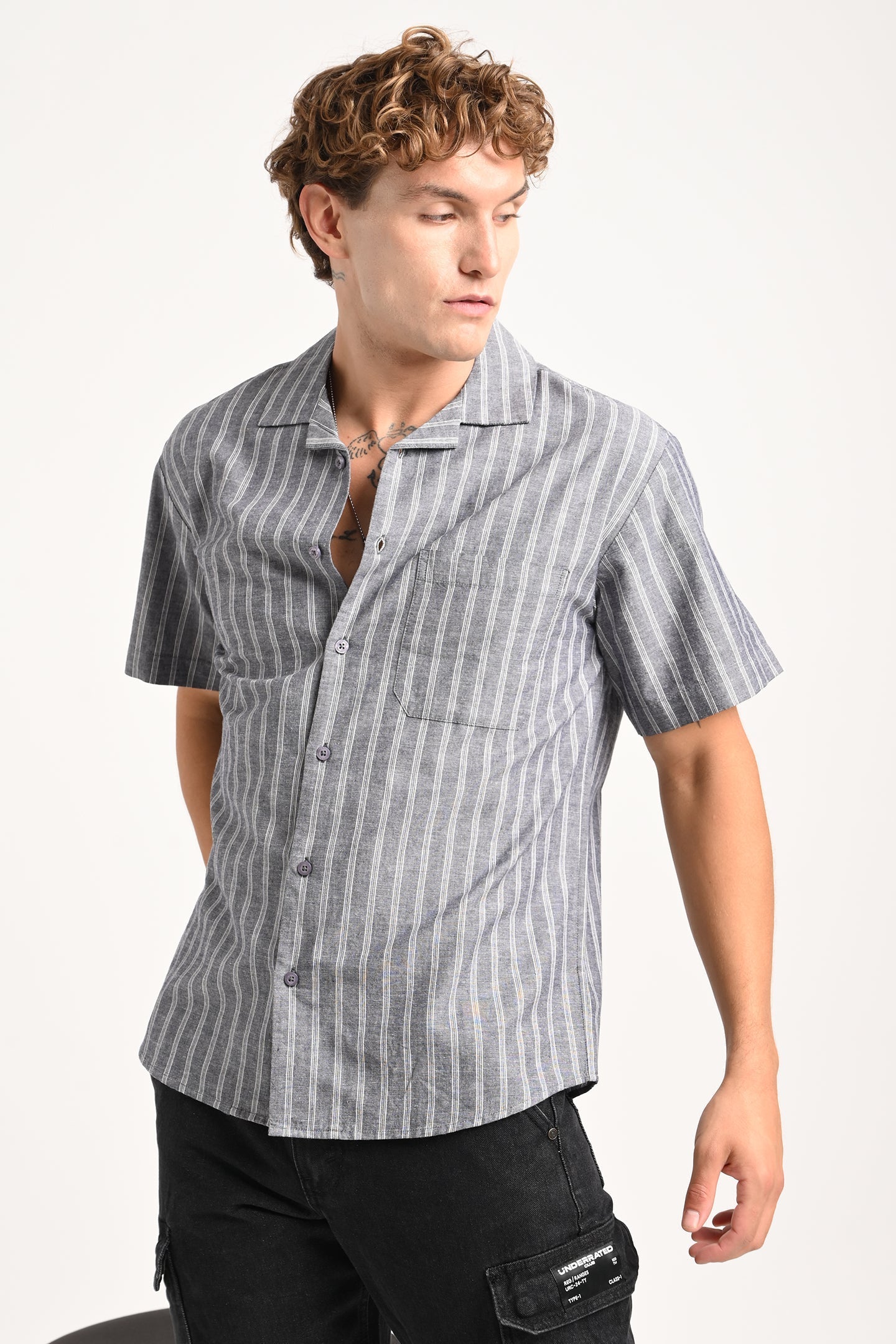 Grey Striped Cuban Collar Shirt