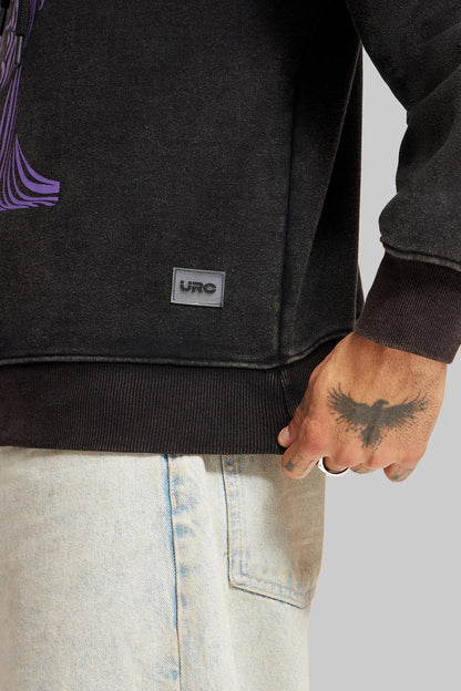 Acid Washed Black Printed Hoodie