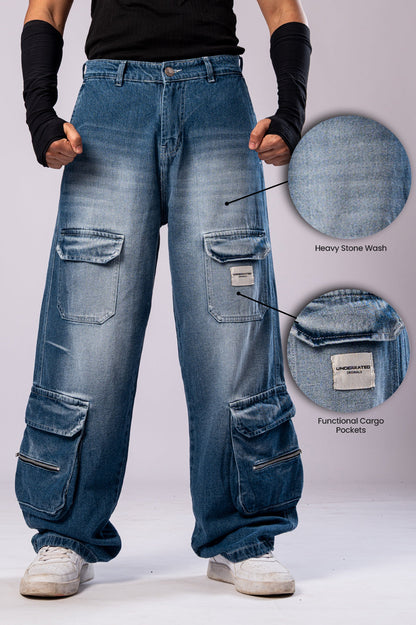 Faded Blue 8-Pocket Baggy Cargo Jeans for Men