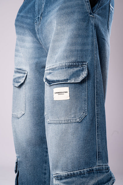 Faded Blue 8-Pocket Baggy Cargo Jeans for Men