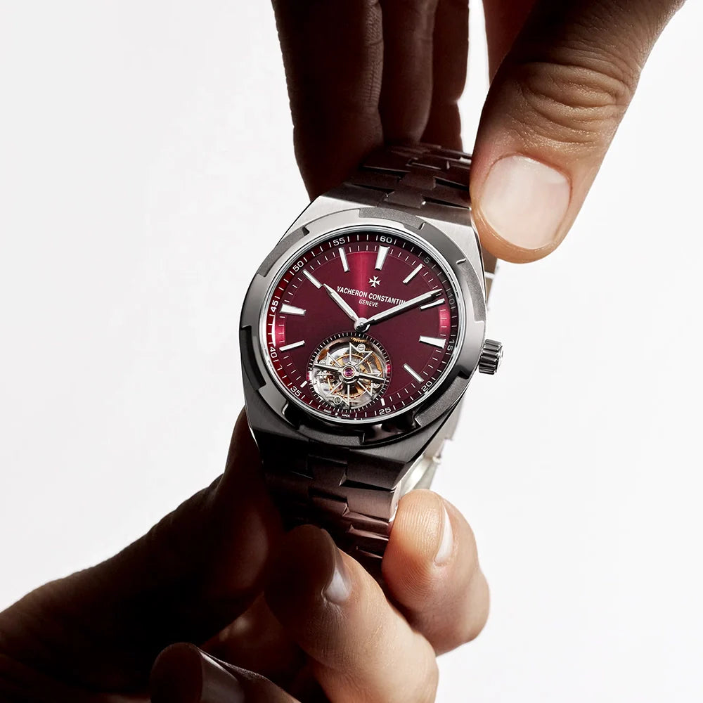 Vacheron Constantin Overseas Tourbillon 42.5mm Burgundy Red Dial Titanium Bracelet Watch - Berry's Jewellers