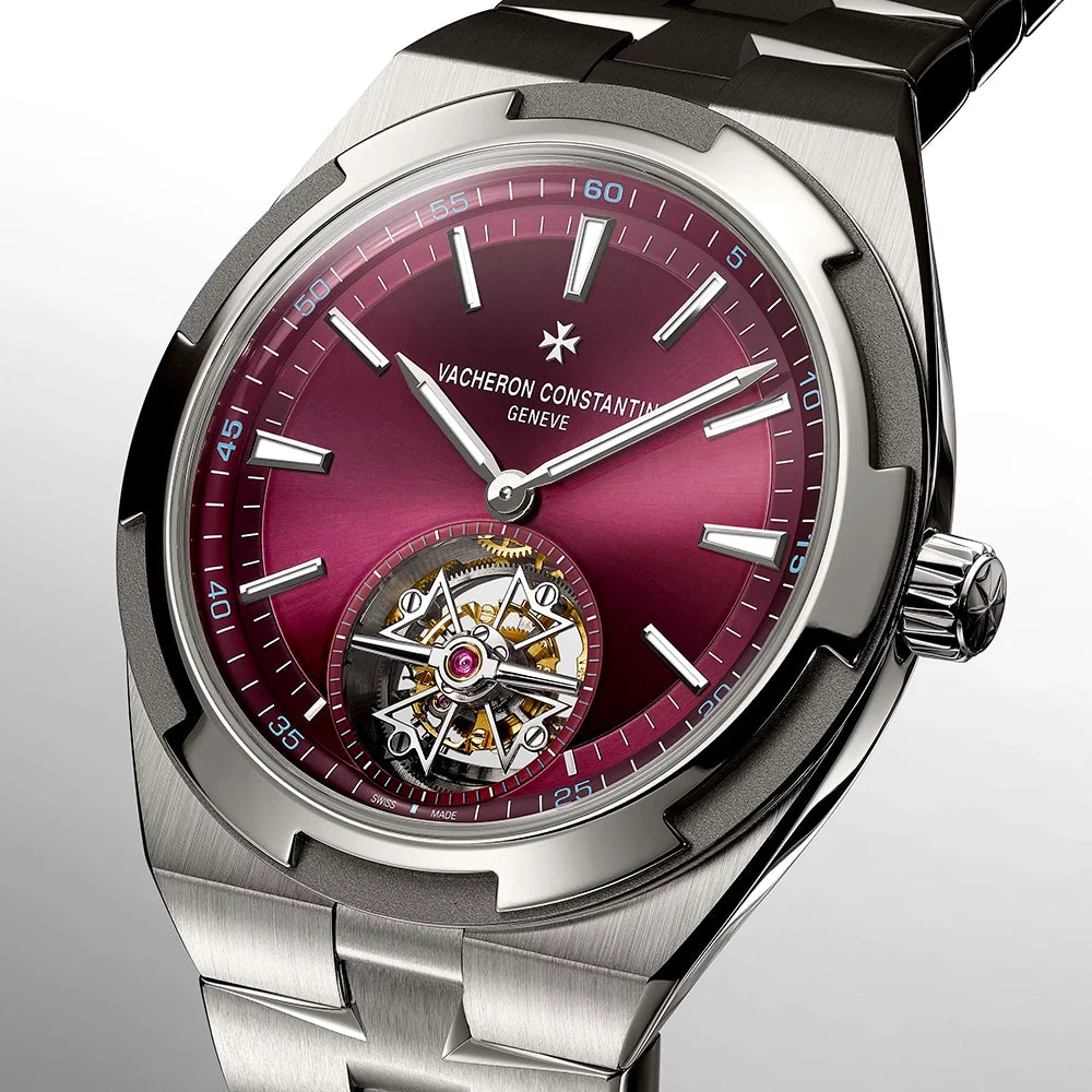 Vacheron Constantin Overseas Tourbillon 42.5mm Burgundy Red Dial Titanium Bracelet Watch - Berry's Jewellers