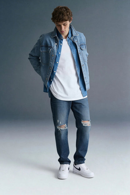 Dark Blue Mid Rise Distressed Men's Relaxed Jeans