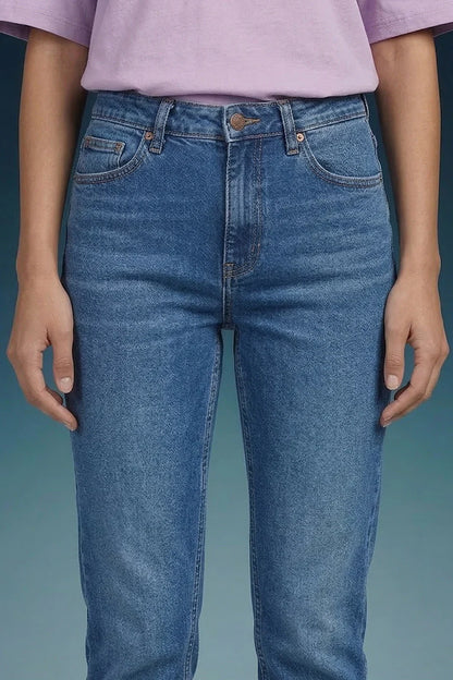 Blue Mid Rise Straight Women Jeans