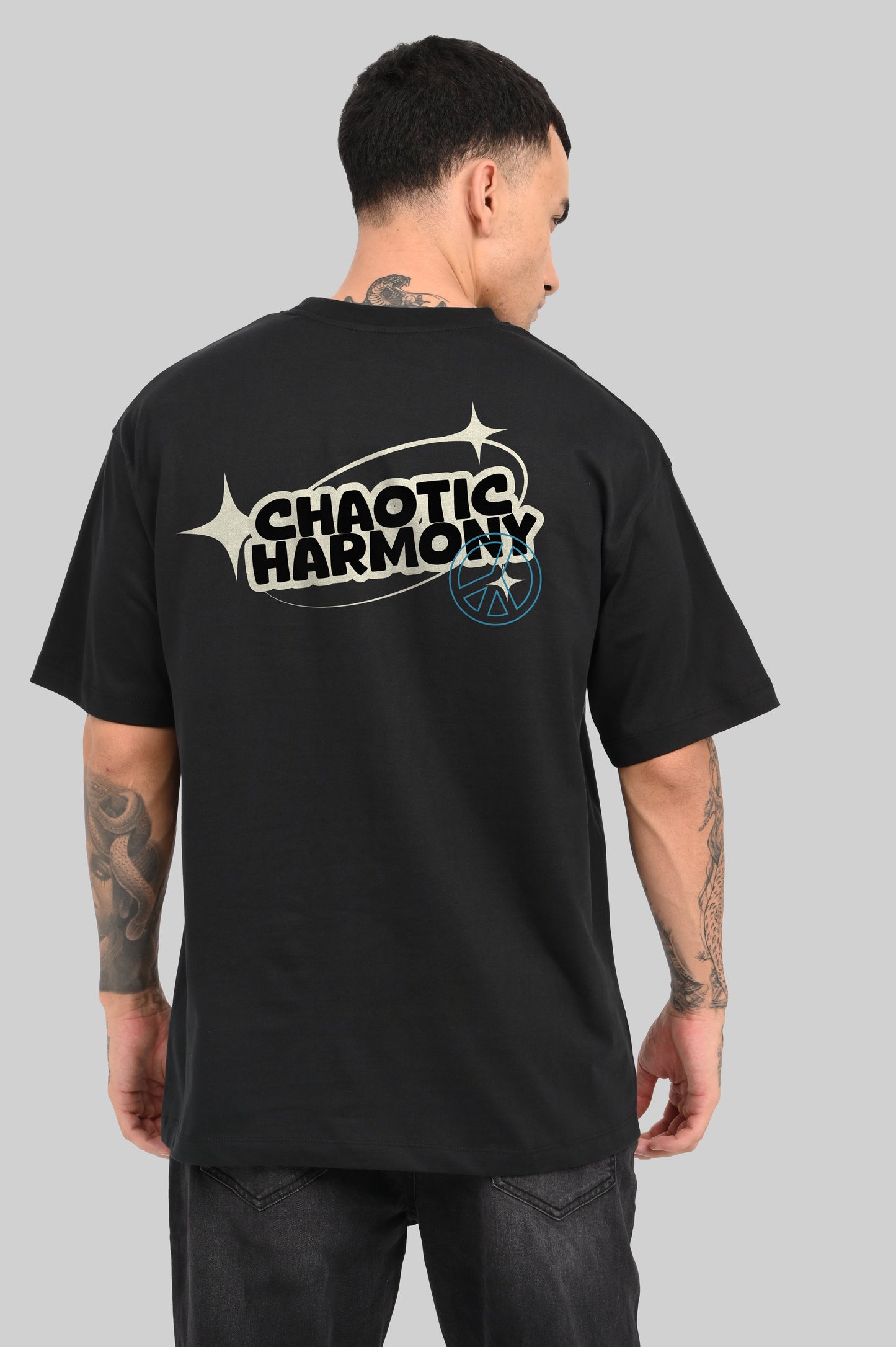 Chaotic Harmony Peace Graphic Black Oversized Fit T-Shirt Men