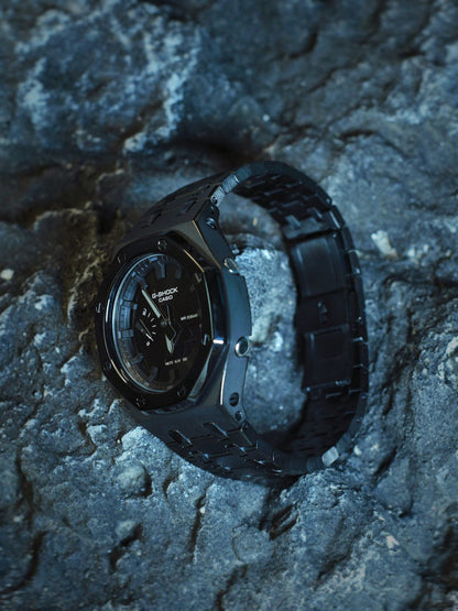 Ga2100 Dark Knight Black Stainless Steel Gray Hour Marker Watch