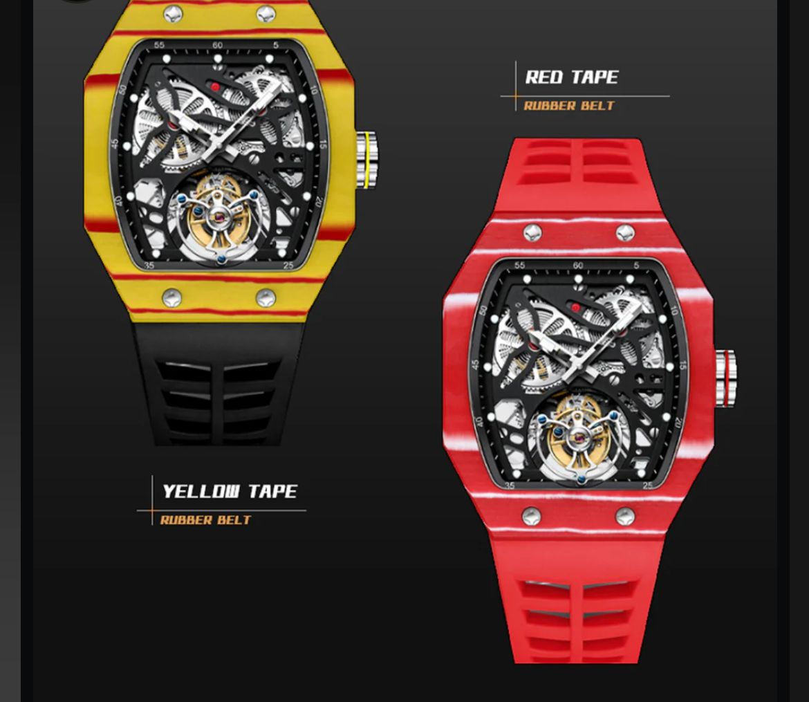 AESOP Carbon Fiber Bezel Tonneau Case Skeleton Tourbillon Watch 7036
