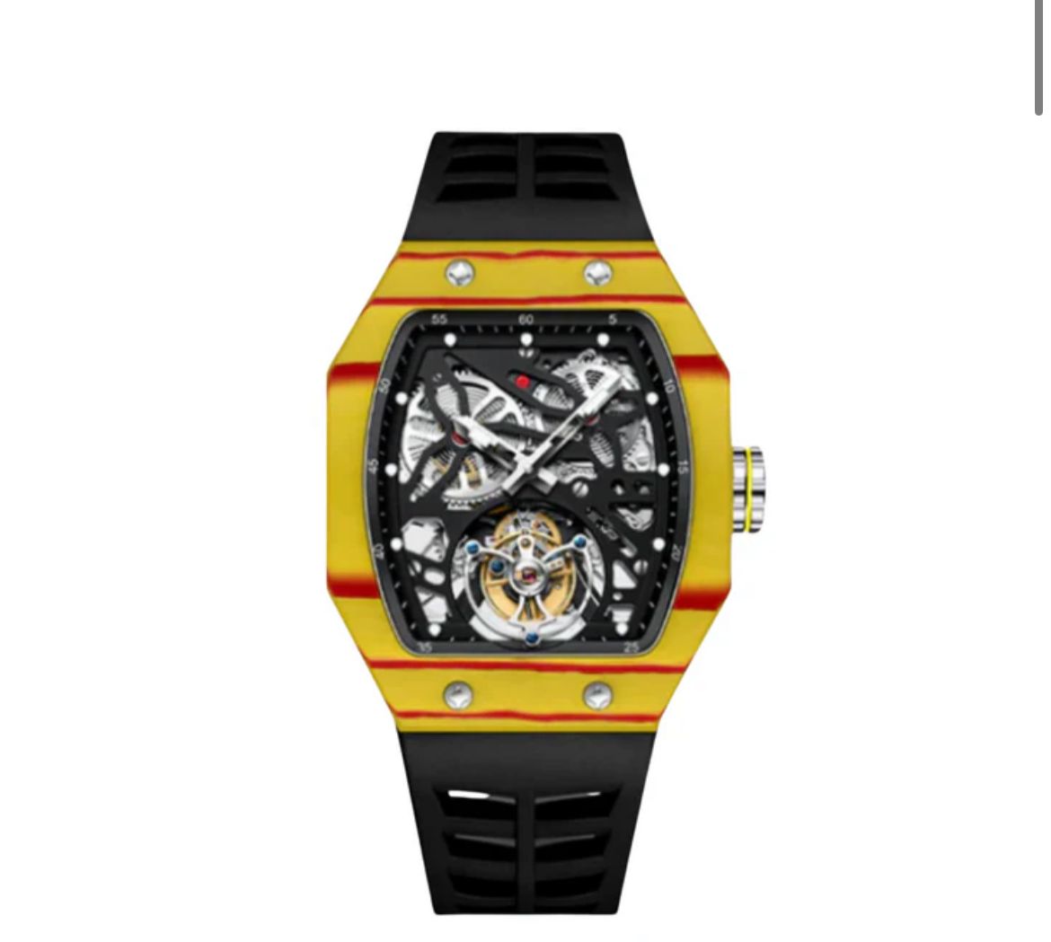 AESOP Carbon Fiber Bezel Tonneau Case Skeleton Tourbillon Watch 7036