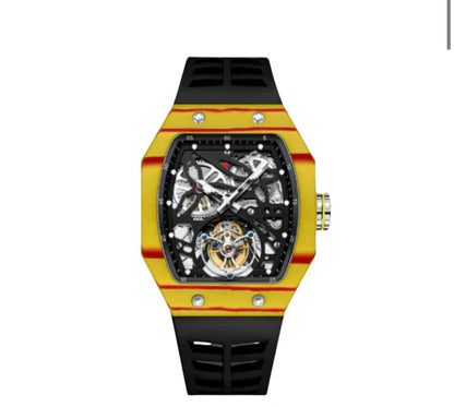 AESOP Carbon Fiber Bezel Tonneau Case Skeleton Tourbillon Watch 7036