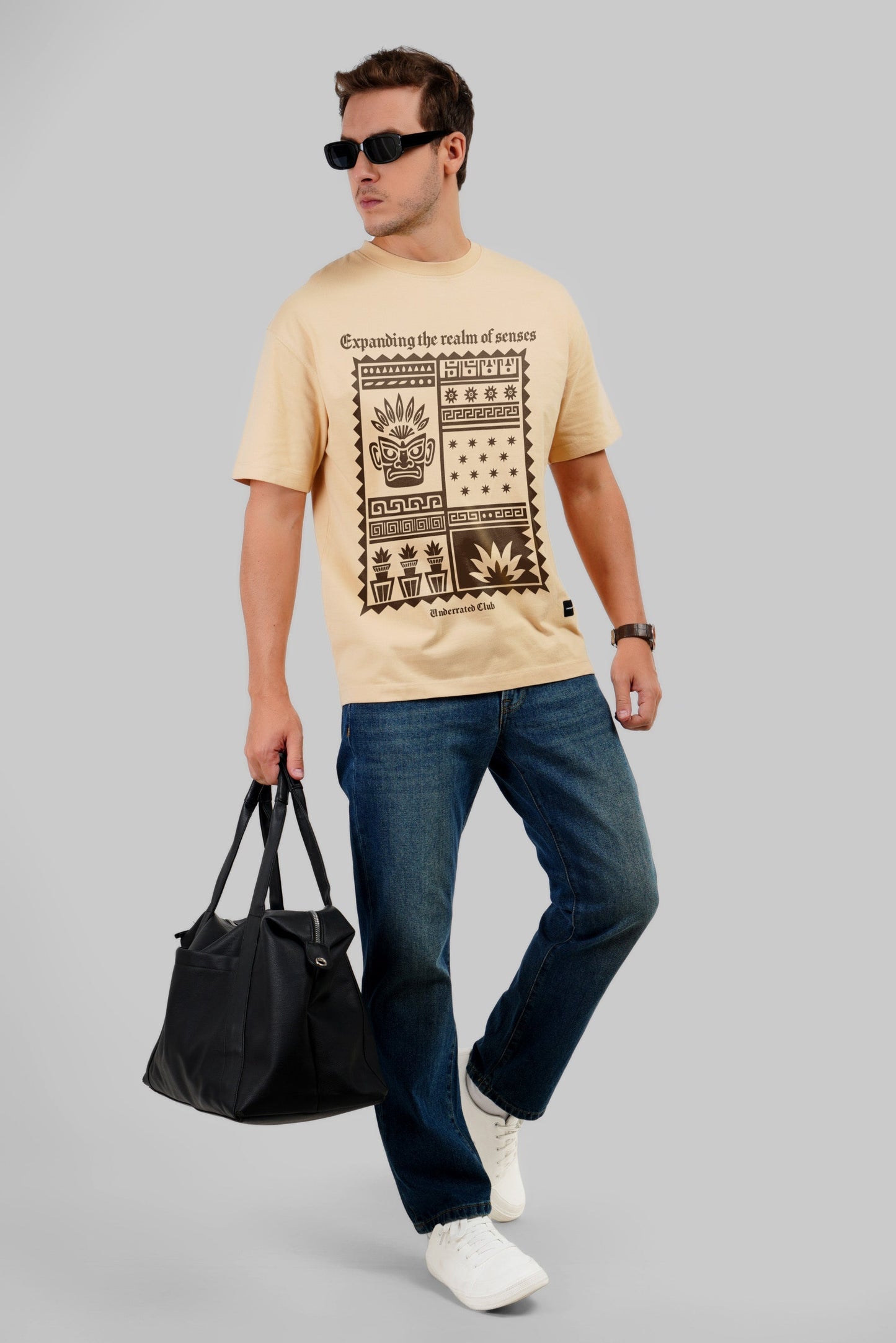 Realm of Senses Beige Oversized Fit T-Shirt Men