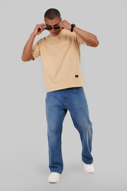 Solid Beige Half Sleeves T-Shirt For Men Oversized Fit