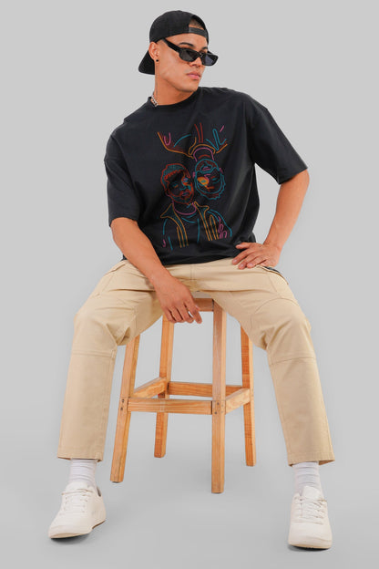 Two Men Line Art Black Baggy Fit T-Shirt Men
