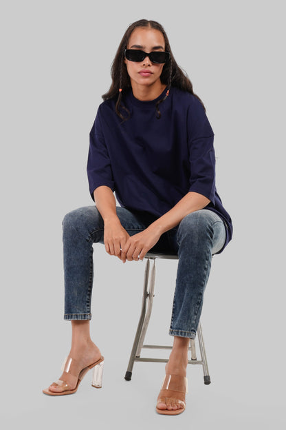 Solid Navy Blue Half Sleeves T-Shirt For Women Baggy Fit