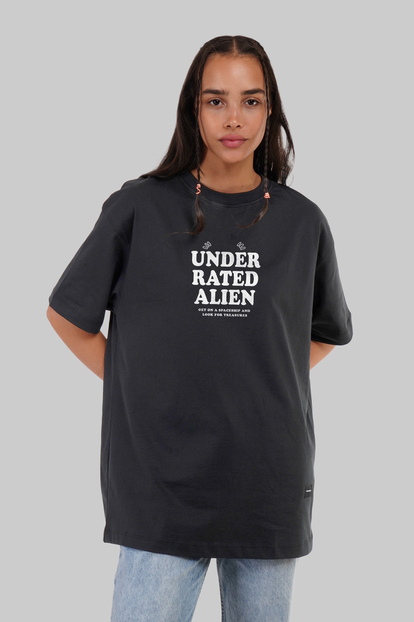 Spaceship Treasure Black Oversized Fit T-Shirt Women