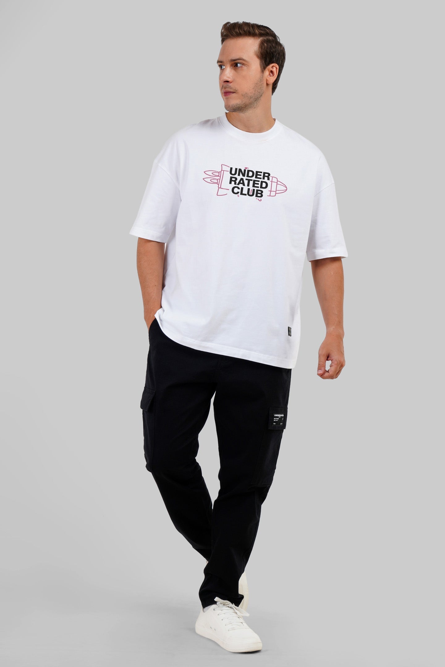 To The Moon Rocket White Baggy Fit T-Shirt Men