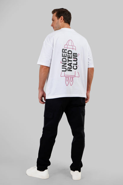 To The Moon Rocket White Baggy Fit T-Shirt Men