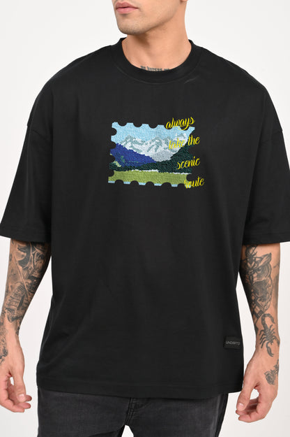 Scenic Route Postcard Black Baggy Fit T-Shirt Men