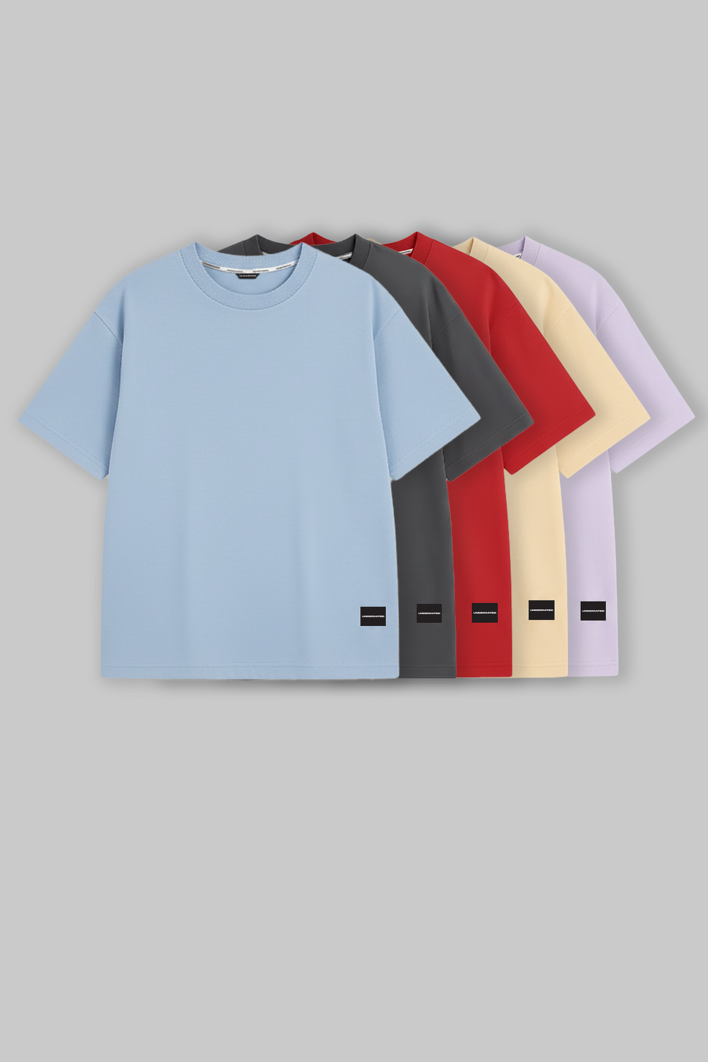 Pack of 5 Oversized Fit T-shirts - Blue/Grey/Red/Beige/Lilac