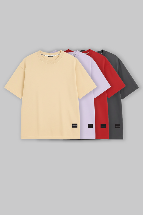 Pack of 4 Oversized Fit T-shirts -Beige/Lilac/Red/Grey