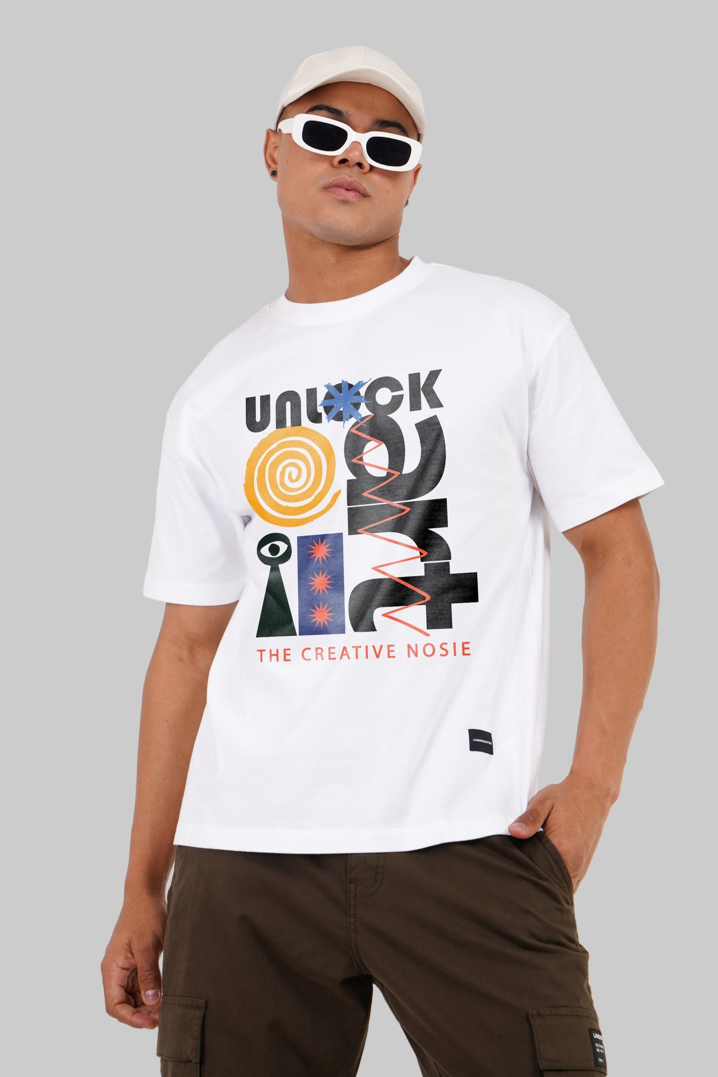 Unlock the Creative Noise Art Print White Oversized Fit T-Shirt Men