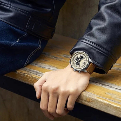 Men's Waterproof Multifunctional Quartz Watch With Leather Belt